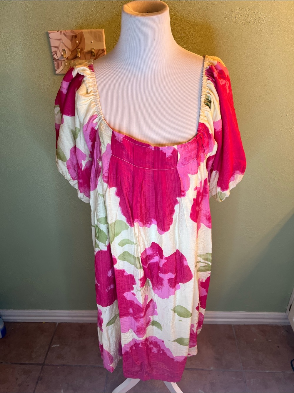 Umgee Cream Dress with Bright Pink Floral Print